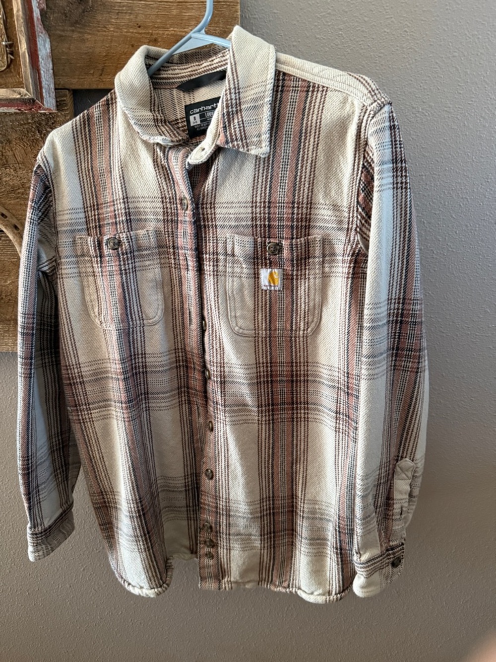 Carhartt Cream and Brown Plaid Work Shirt Jacket